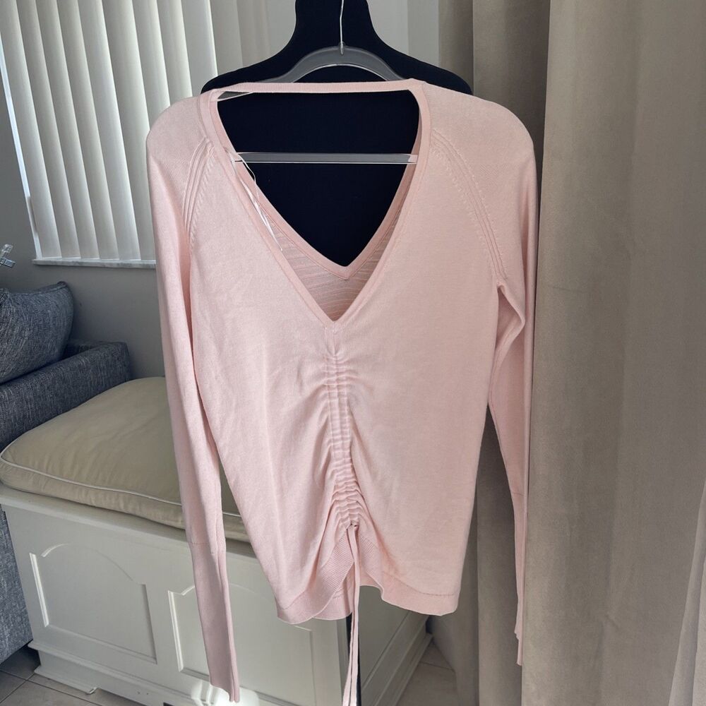 Calia Pink V Neck Ruched Drawstring Long Sleeve Sweater Top Womens S Soft Comfy - Picture 2 of 6